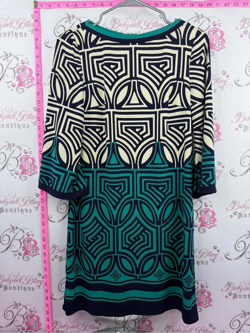 Eliza J dress zip up back Teal, Navy & Cream Geometric Boatneck Tunic